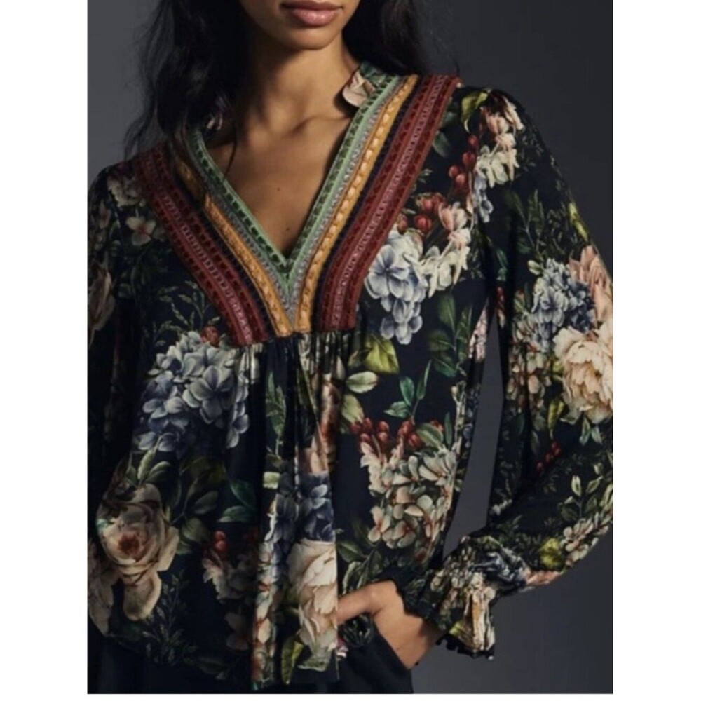 Bl^nk London Anthropologie Stephanie Blouse Floral V-Neck Long Sleeve Sz S